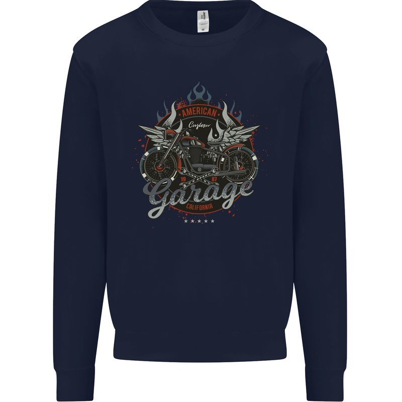 American Custom Garage Biker Motorcycle Mens Sweatshirt Jumper Navy Blue