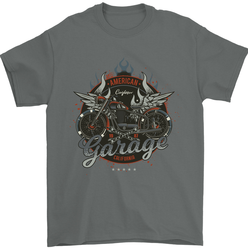 American Custom Garage Biker Motorcycle Mens T-Shirt Cotton Gildan Charcoal