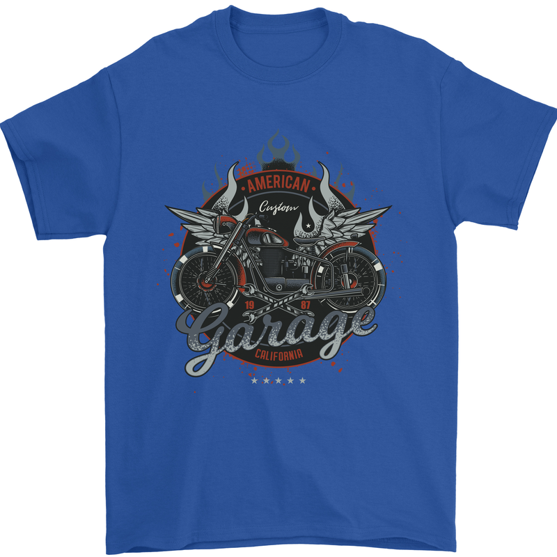 American Custom Garage Biker Motorcycle Mens T-Shirt Cotton Gildan Royal Blue