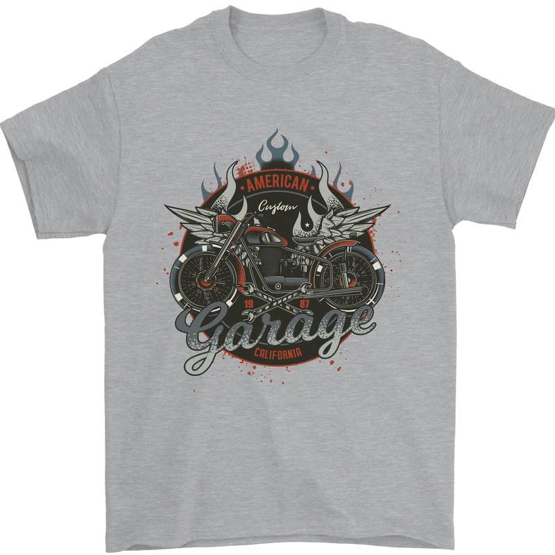 American Custom Garage Biker Motorcycle Mens T-Shirt Cotton Gildan Sports Grey