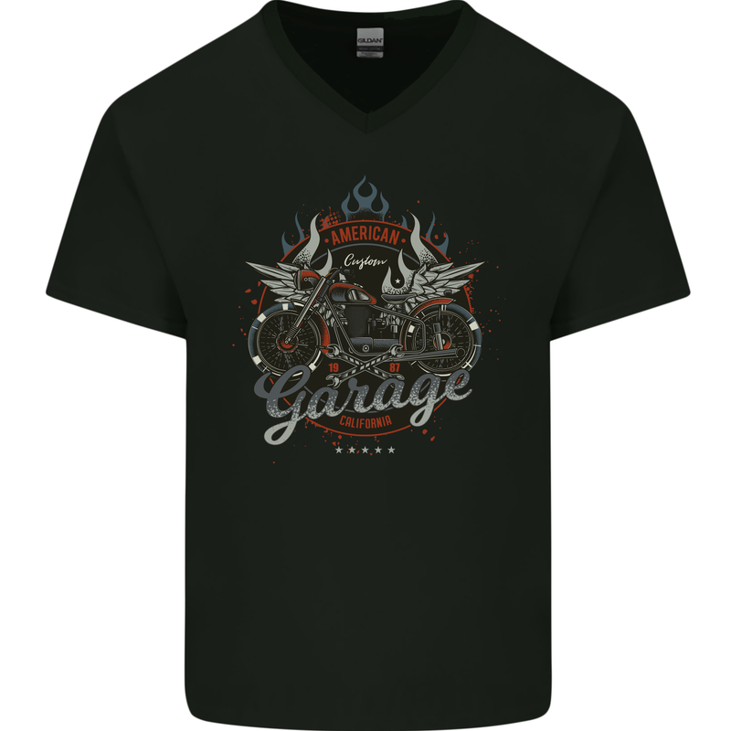 American Custom Garage Biker Motorcycle Mens V-Neck Cotton T-Shirt Black