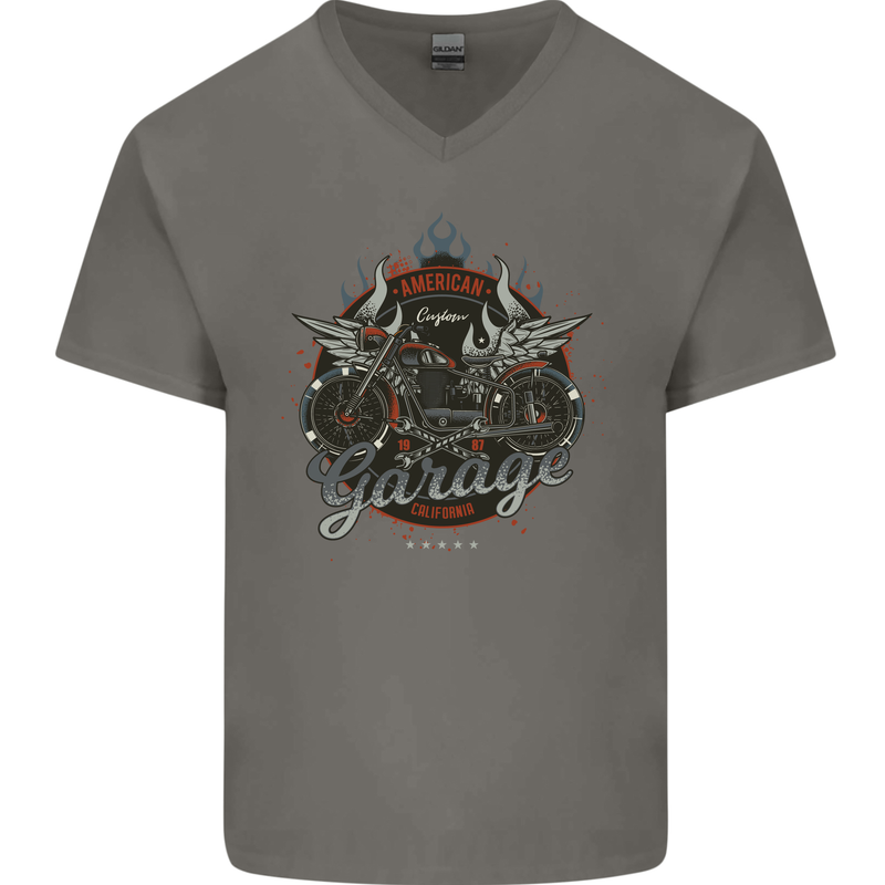 American Custom Garage Biker Motorcycle Mens V-Neck Cotton T-Shirt Charcoal
