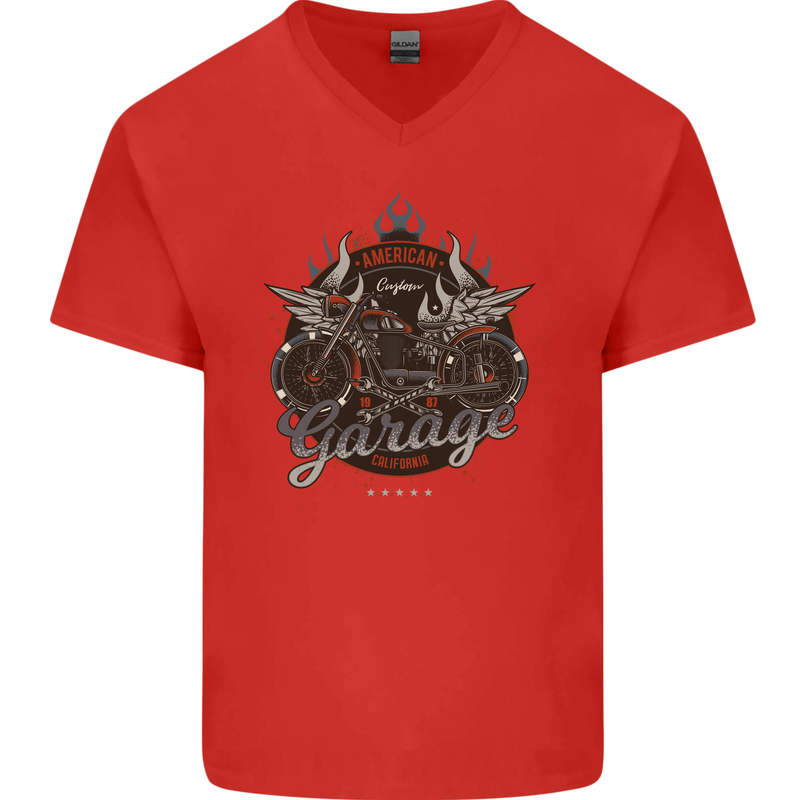 American Custom Garage Biker Motorcycle Mens V-Neck Cotton T-Shirt Red
