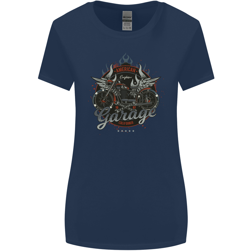 American Custom Garage Biker Motorcycle Womens Wider Cut T-Shirt Navy Blue