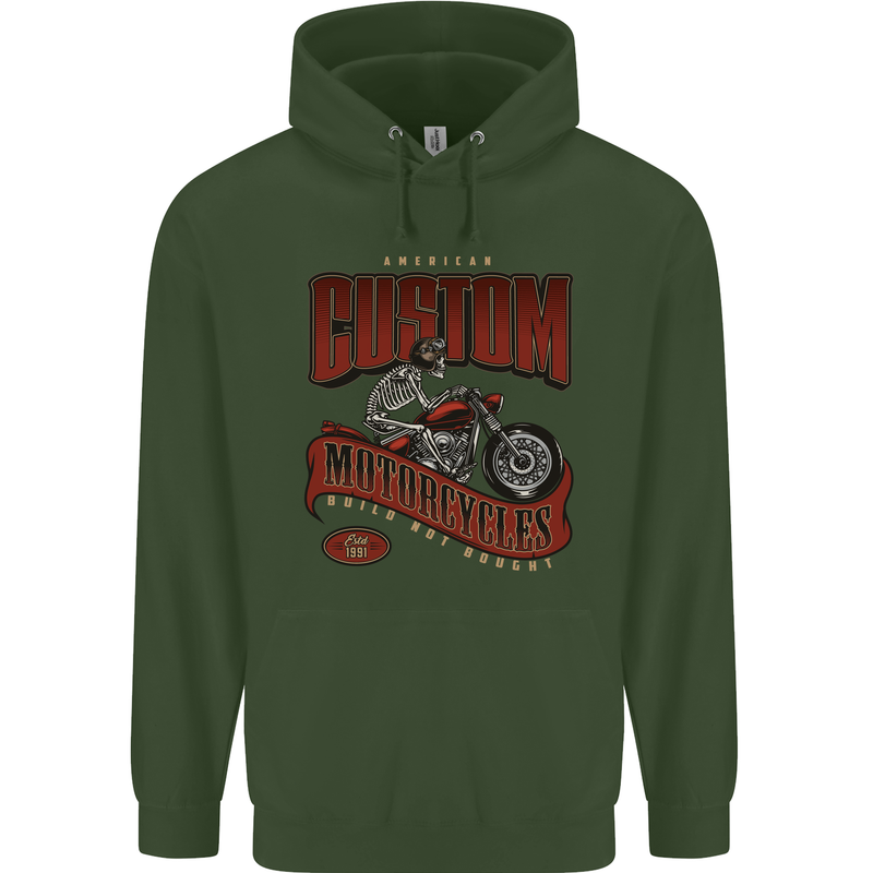 American Custom Motorcycles Biker Motorbike Childrens Kids Hoodie Forest Green