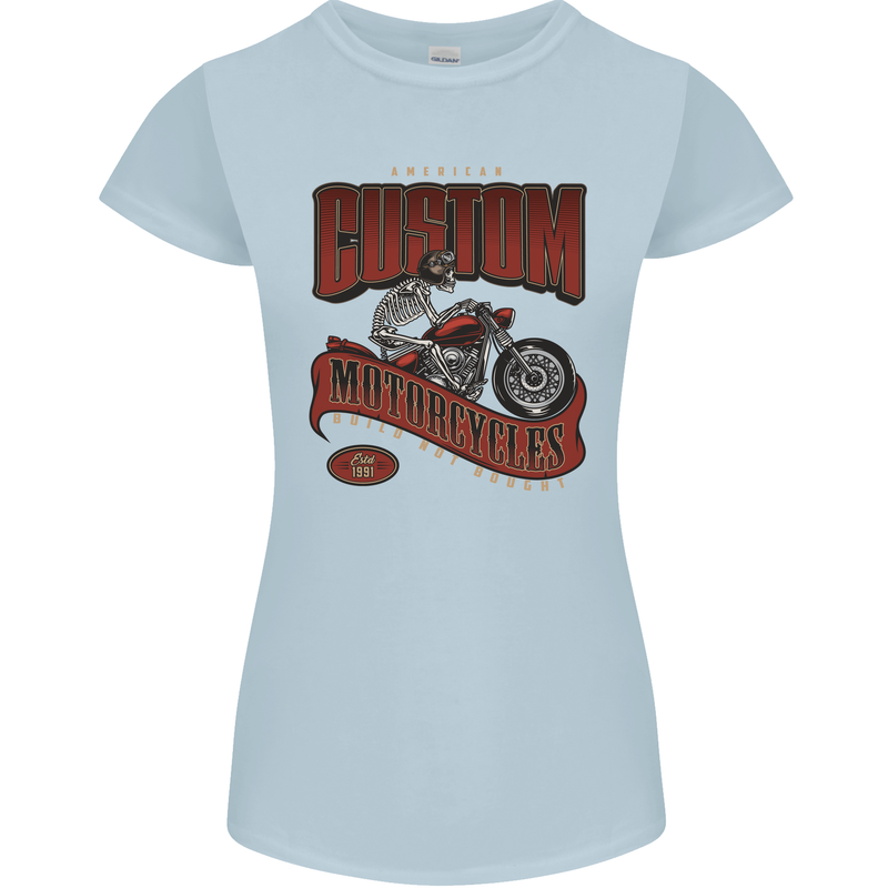 American Custom Motorcycles Biker Motorbike Womens Petite Cut T-Shirt Light Blue