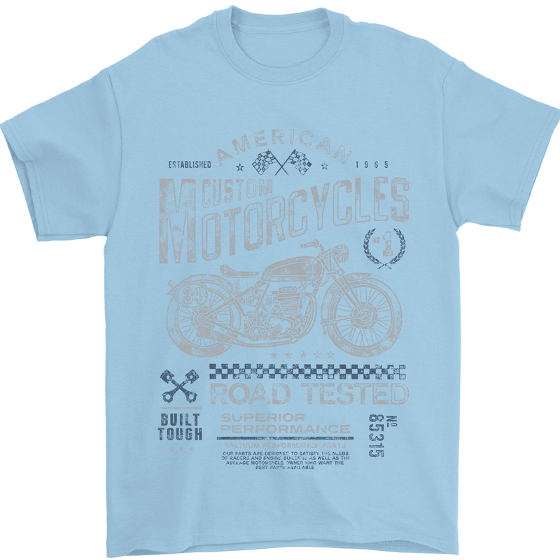American Custom Motorcycles Motorbike Biker Mens T-Shirt Cotton Gildan Light Blue