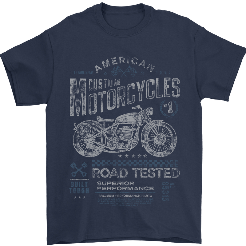 American Custom Motorcycles Motorbike Biker Mens T-Shirt Cotton Gildan Navy Blue