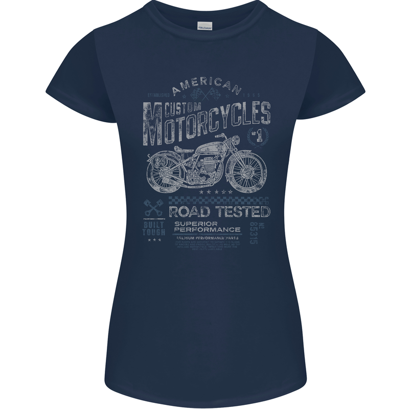 American Custom Motorcycles Motorbike Biker Womens Petite Cut T-Shirt Navy Blue