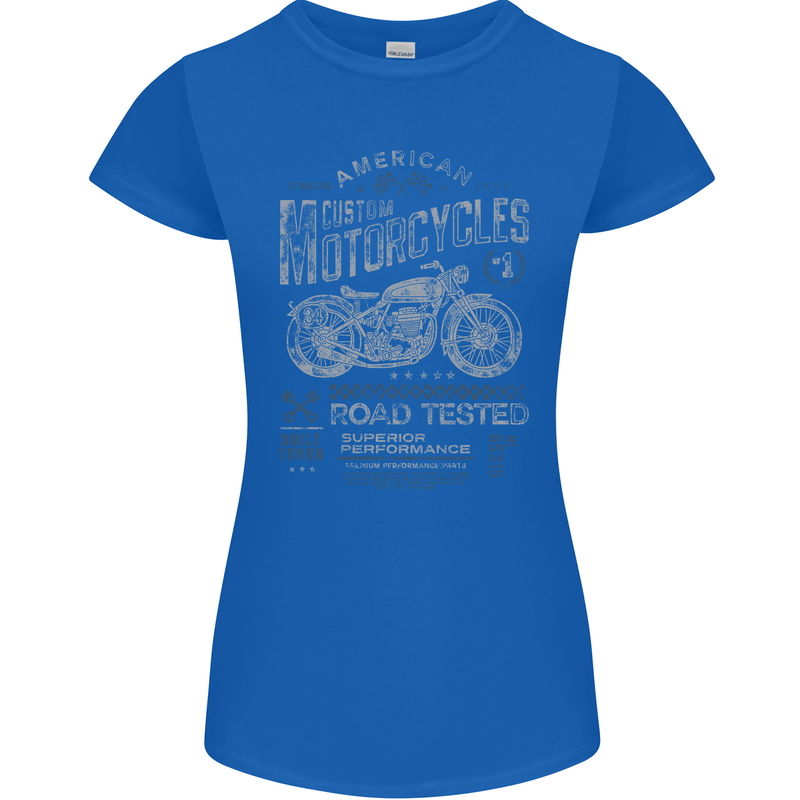 American Custom Motorcycles Motorbike Biker Womens Petite Cut T-Shirt Royal Blue