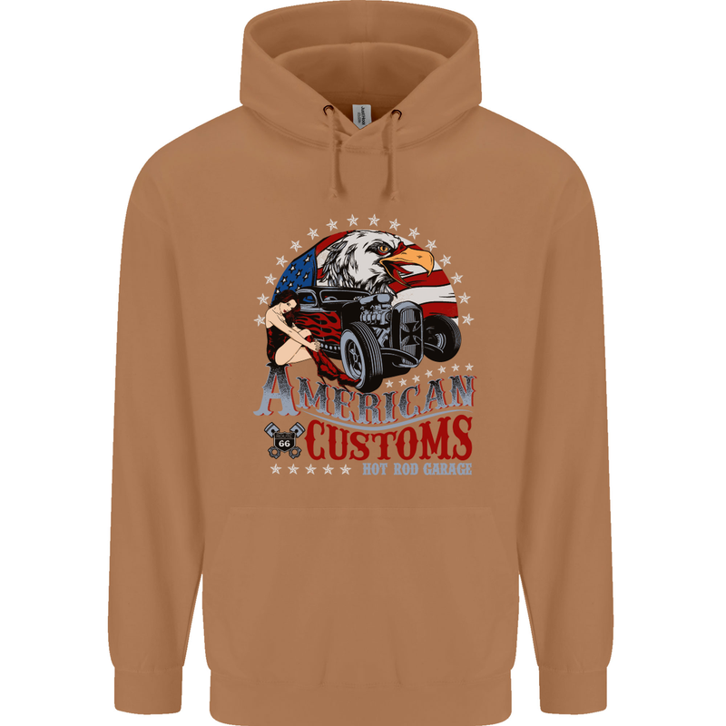 American Customs Hot Rod Garage USA Mens 80% Cotton Hoodie Caramel Latte
