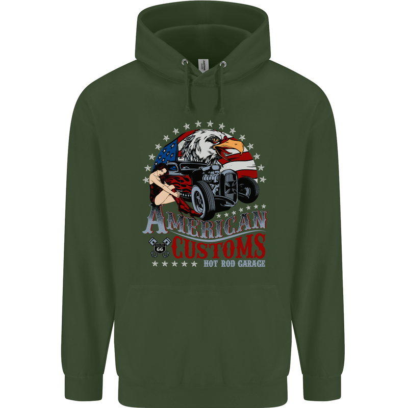 American Customs Hot Rod Garage USA Mens 80% Cotton Hoodie Forest Green