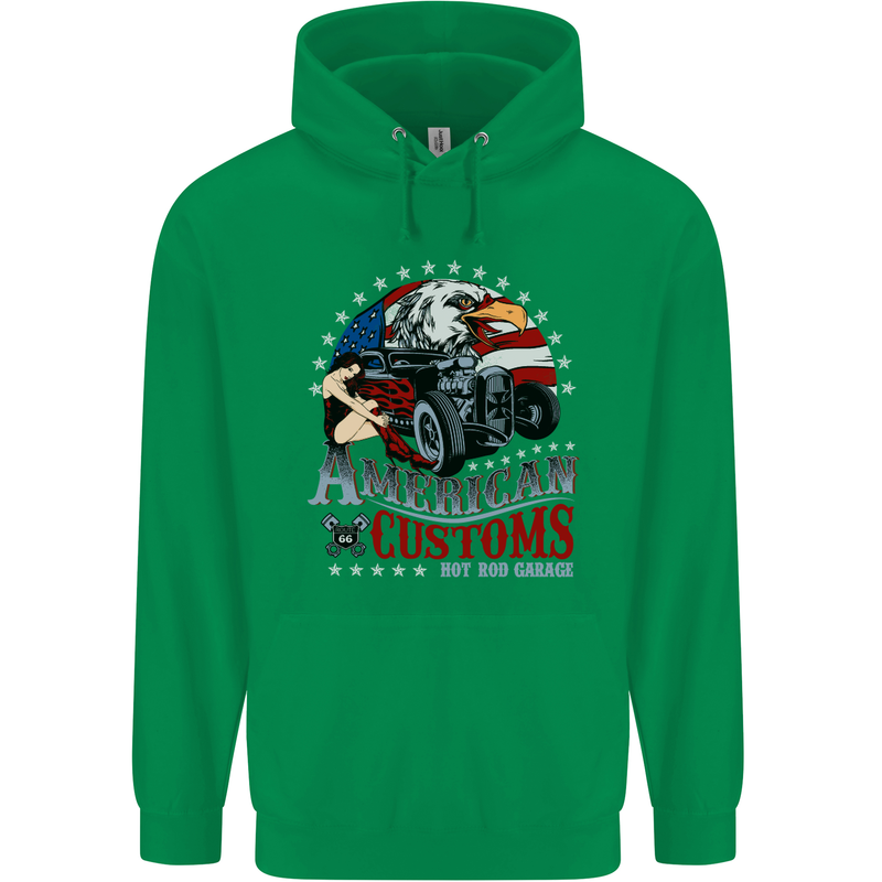 American Customs Hot Rod Garage USA Mens 80% Cotton Hoodie Irish Green