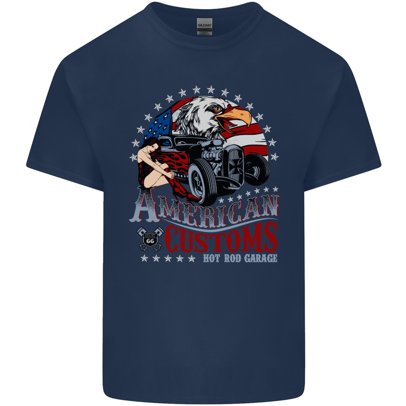 American Customs Hot Rod Garage USA Mens Cotton T-Shirt Tee Top Navy Blue
