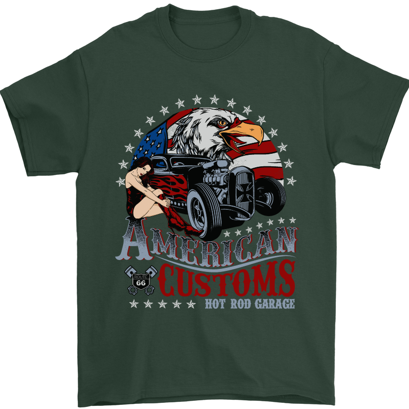 American Customs Hot Rod Garage USA Mens T-Shirt Cotton Gildan Forest Green