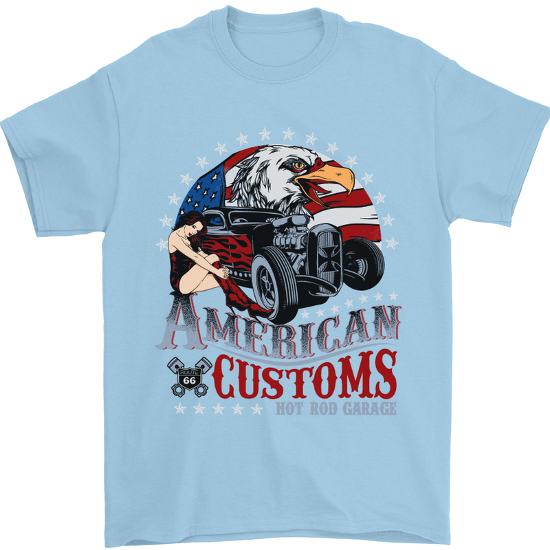 American Customs Hot Rod Garage USA Mens T-Shirt Cotton Gildan Light Blue