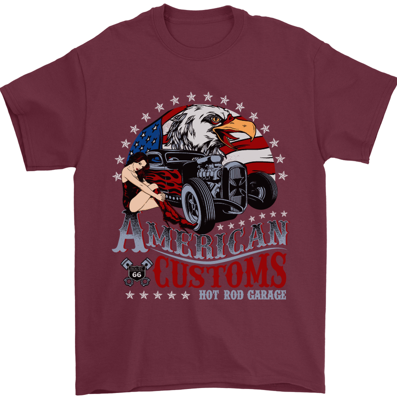 American Customs Hot Rod Garage USA Mens T-Shirt Cotton Gildan Maroon