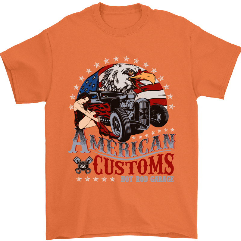 American Customs Hot Rod Garage USA Mens T-Shirt Cotton Gildan Orange