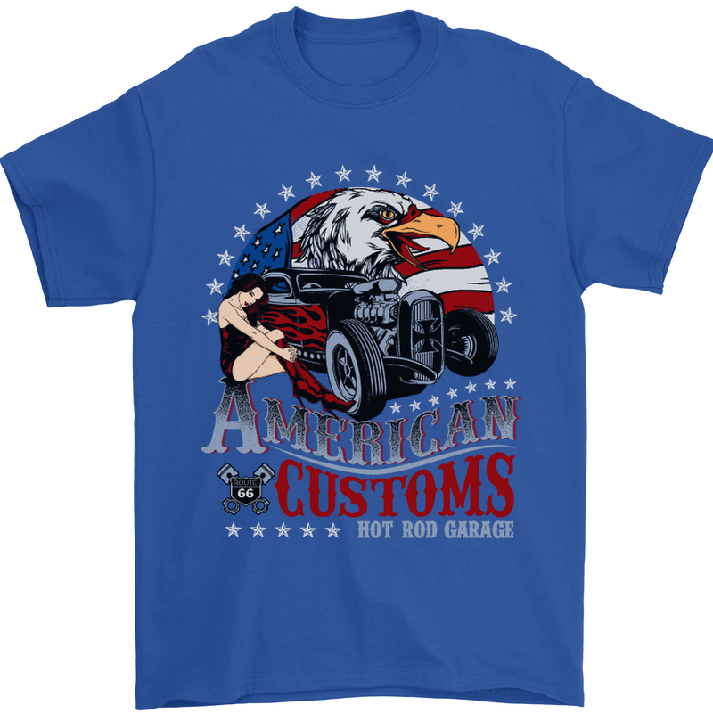 American Customs Hot Rod Garage USA Mens T-Shirt Cotton Gildan Royal Blue