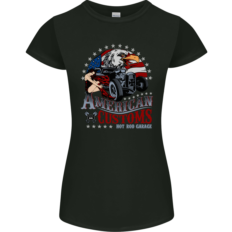 American Customs Hot Rod Garage USA Womens Petite Cut T-Shirt Black