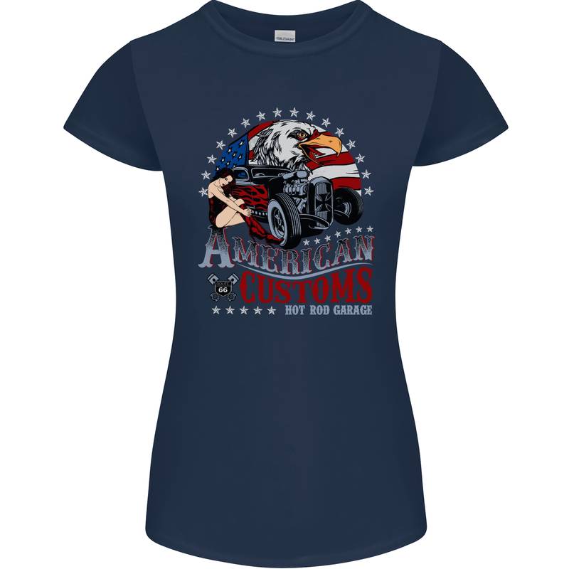 American Customs Hot Rod Garage USA Womens Petite Cut T-Shirt Navy Blue