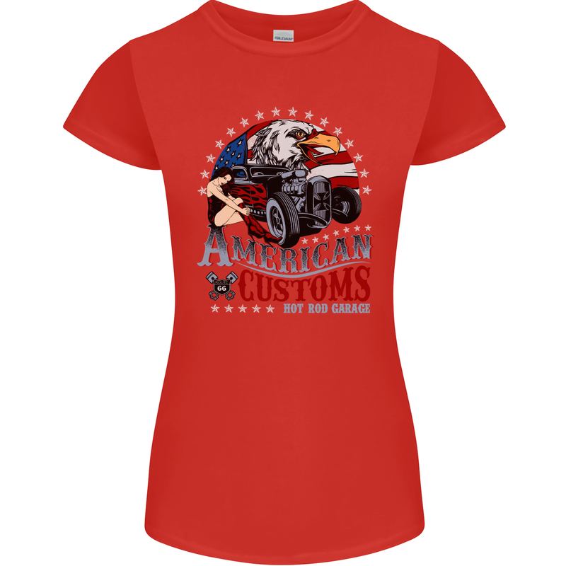 American Customs Hot Rod Garage USA Womens Petite Cut T-Shirt Red