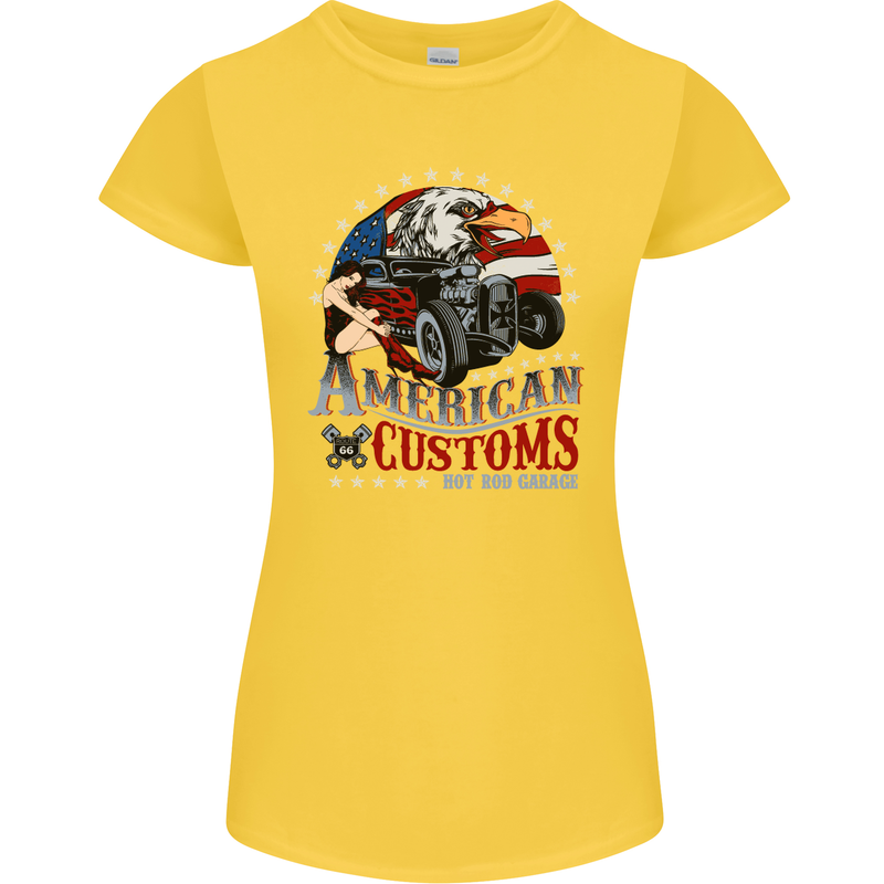 American Customs Hot Rod Garage USA Womens Petite Cut T-Shirt Yellow