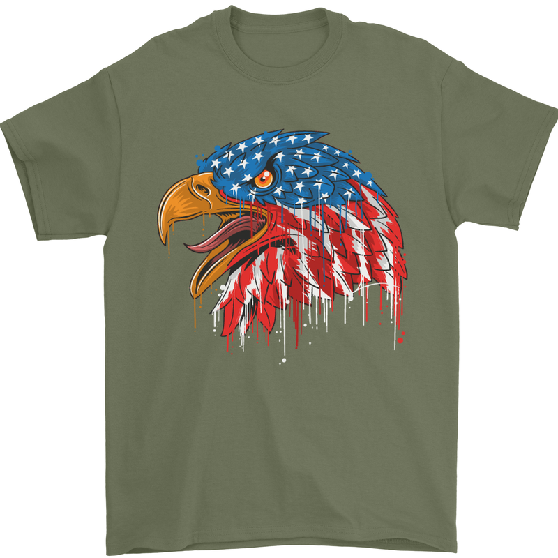 American Eagle USA Flag July 4th Mens T-Shirt Cotton Gildan Military Green
