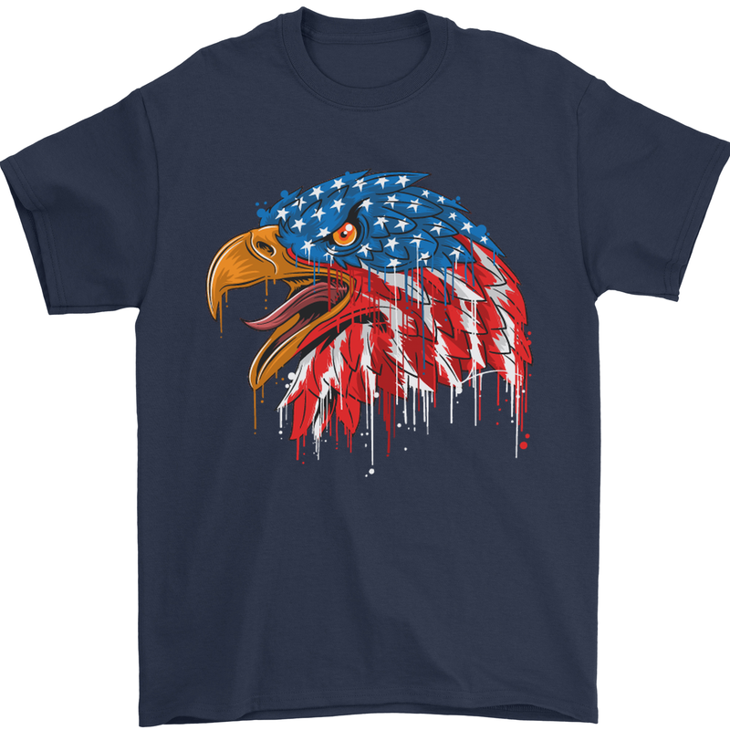 American Eagle USA Flag July 4th Mens T-Shirt Cotton Gildan Navy Blue