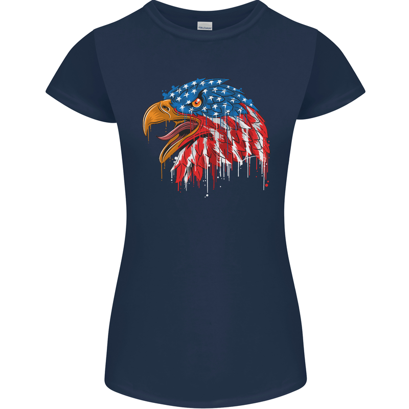 American Eagle USA Flag July 4th Womens Petite Cut T-Shirt Navy Blue