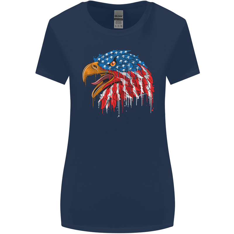 American Eagle USA Flag July 4th Womens Wider Cut T-Shirt Navy Blue