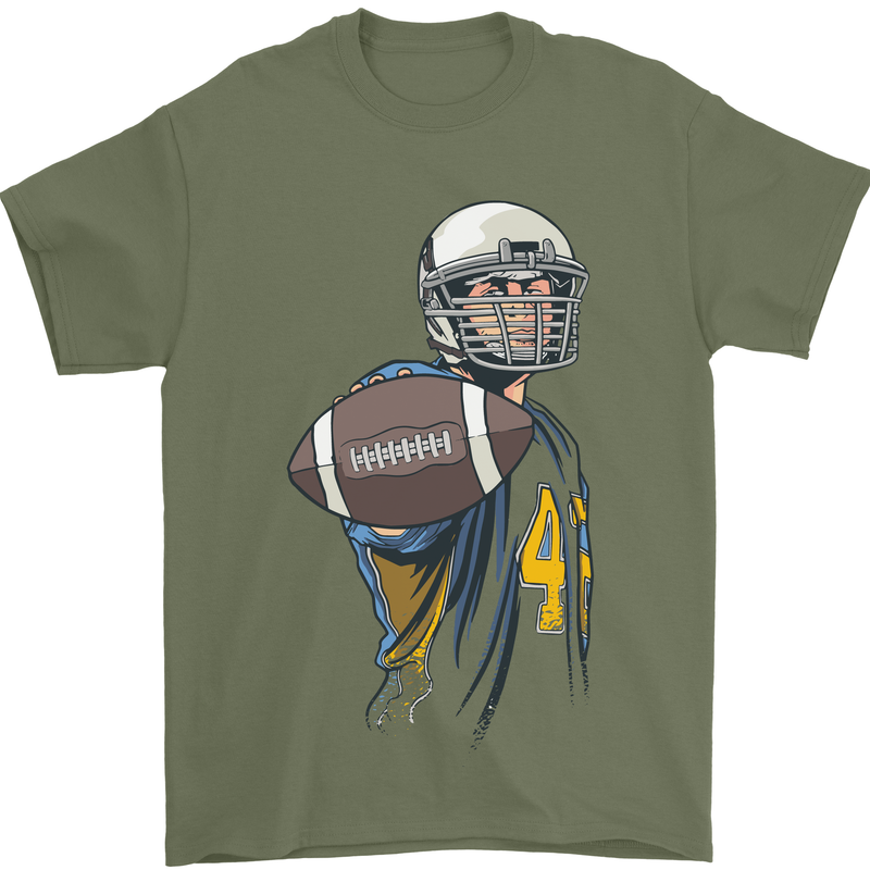 American Football Player Holding a Ball Mens T-Shirt Cotton Gildan Military Green
