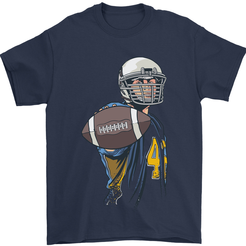 American Football Player Holding a Ball Mens T-Shirt Cotton Gildan Navy Blue