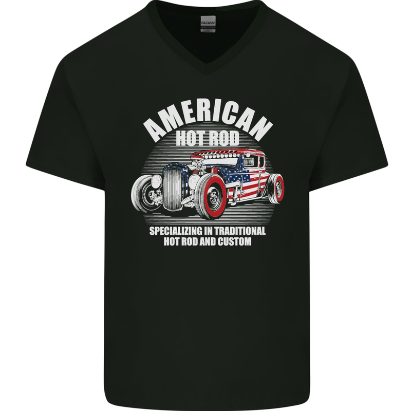 American Hot Rod Hotrod Dragster Racing Mens V-Neck Cotton T-Shirt Black