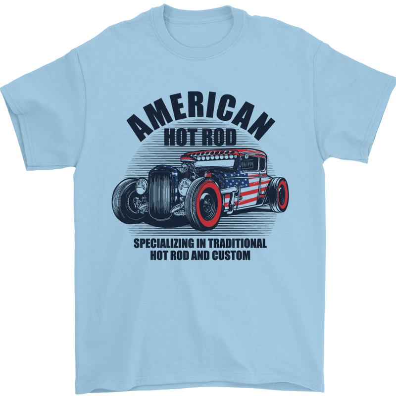 American Hot Rod Hotrod Enthusiast Car Mens T-Shirt Cotton Gildan Light Blue