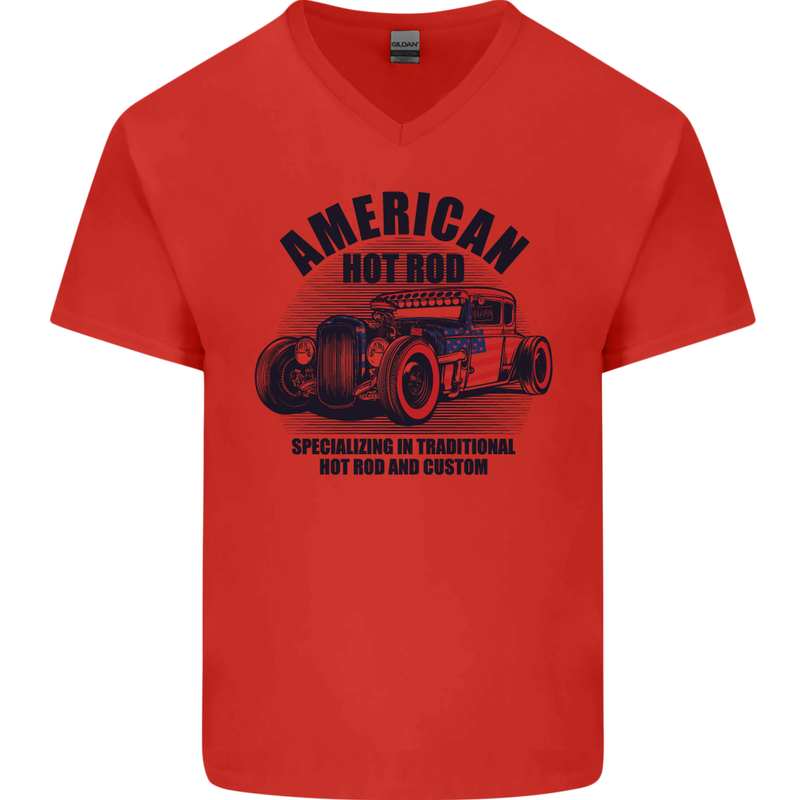 American Hot Rod Hotrod Enthusiast Car Mens V-Neck Cotton T-Shirt Red