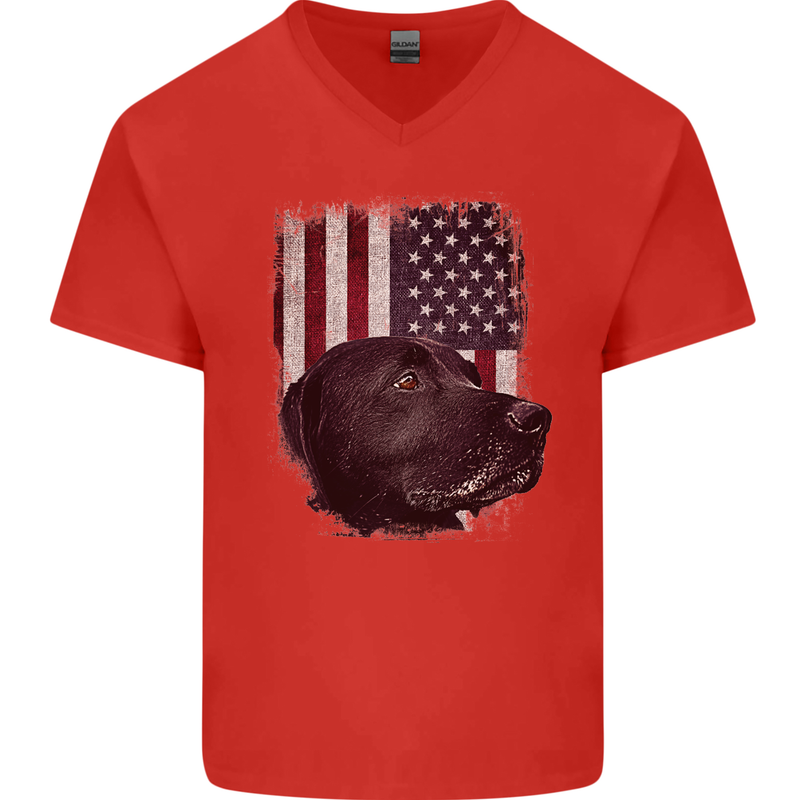 American Labrador USA Flag Dog Mens V-Neck Cotton T-Shirt Red