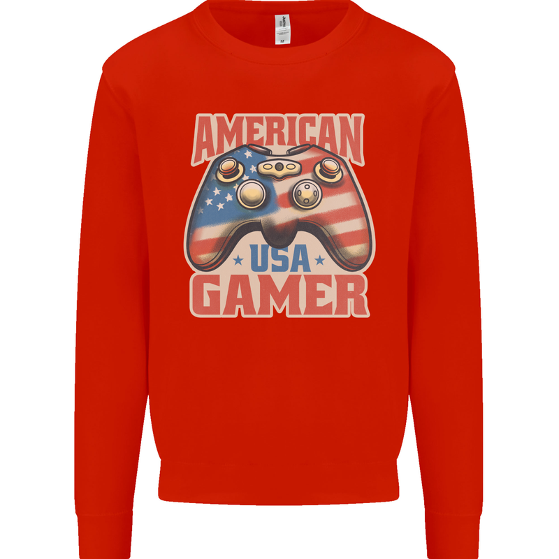 American USA Gamer Video Games Joypad Kids Sweatshirt Jumper Bright Red