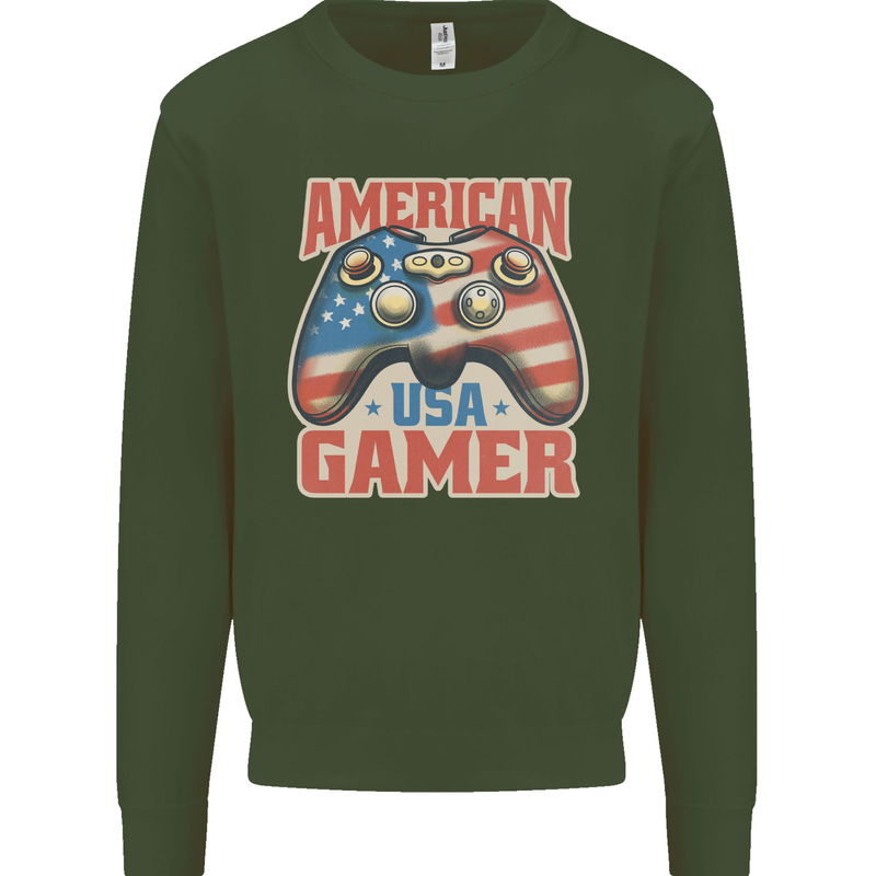 American USA Gamer Video Games Joypad Kids Sweatshirt Jumper Forest Green