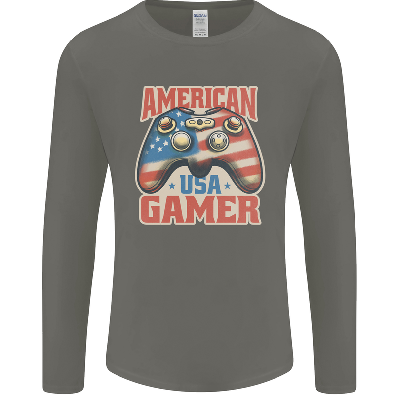 American USA Gamer Video Games Joypad Mens Long Sleeve T-Shirt Charcoal