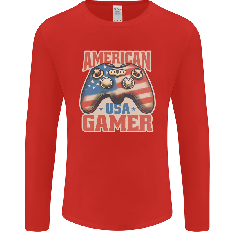 American USA Gamer Video Games Joypad Mens Long Sleeve T-Shirt Red