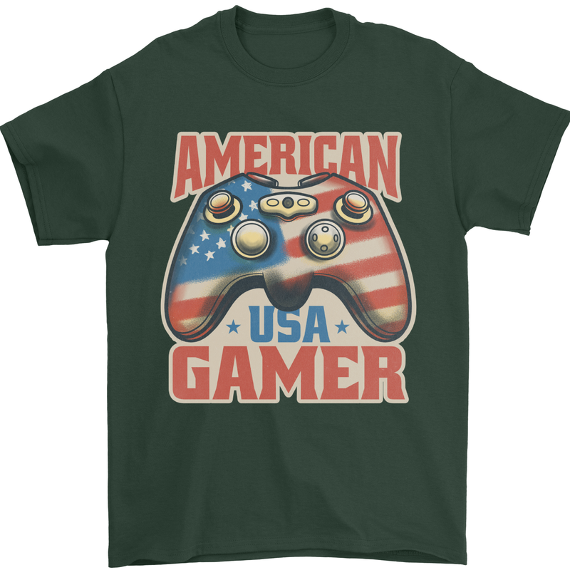 American USA Gamer Video Games Joypad Mens T-Shirt 100% Cotton Forest Green