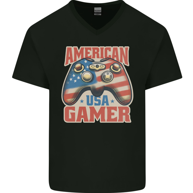 American USA Gamer Video Games Joypad Mens V-Neck Cotton T-Shirt Black