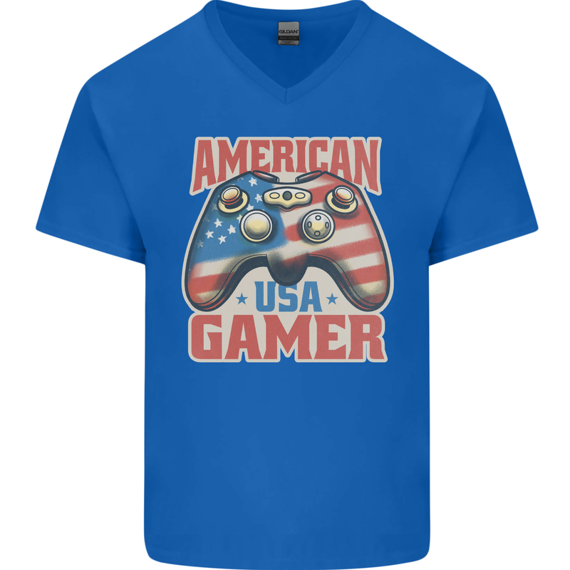 American USA Gamer Video Games Joypad Mens V-Neck Cotton T-Shirt Royal Blue