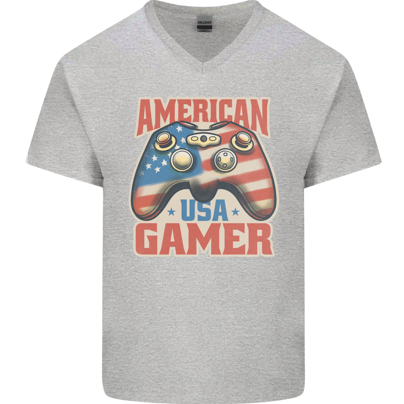 American USA Gamer Video Games Joypad Mens V-Neck Cotton T-Shirt Sports Grey