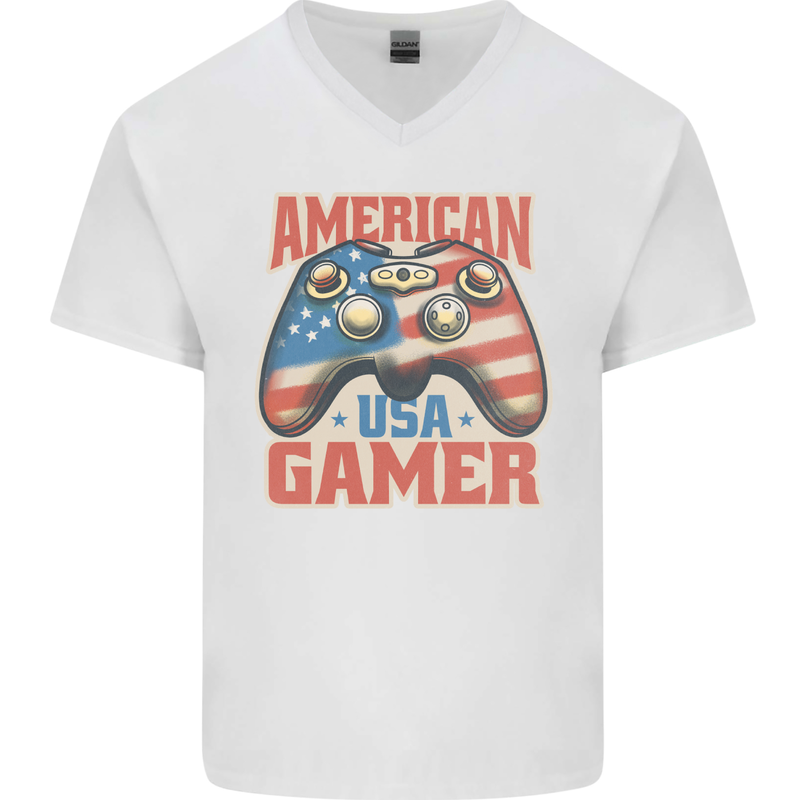 American USA Gamer Video Games Joypad Mens V-Neck Cotton T-Shirt White