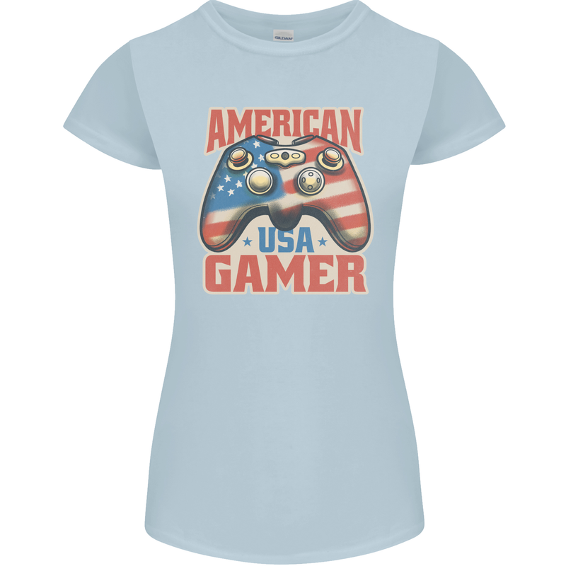 American USA Gamer Video Games Joypad Womens Petite Cut T-Shirt Light Blue