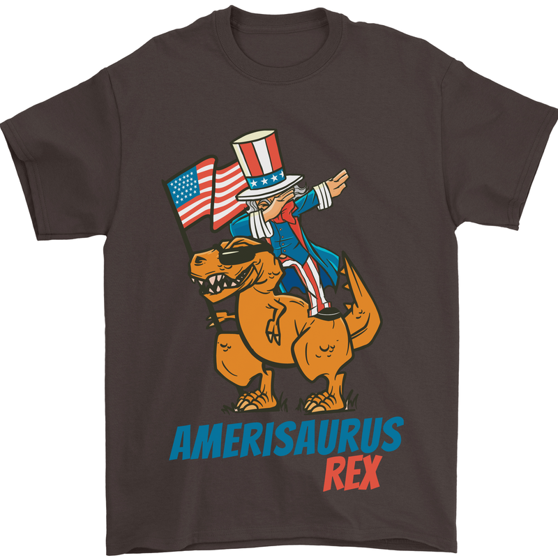 Amerisaurus T-Rex Dabbing Uncle Sam USA Mens T-Shirt Cotton Gildan Dark Chocolate