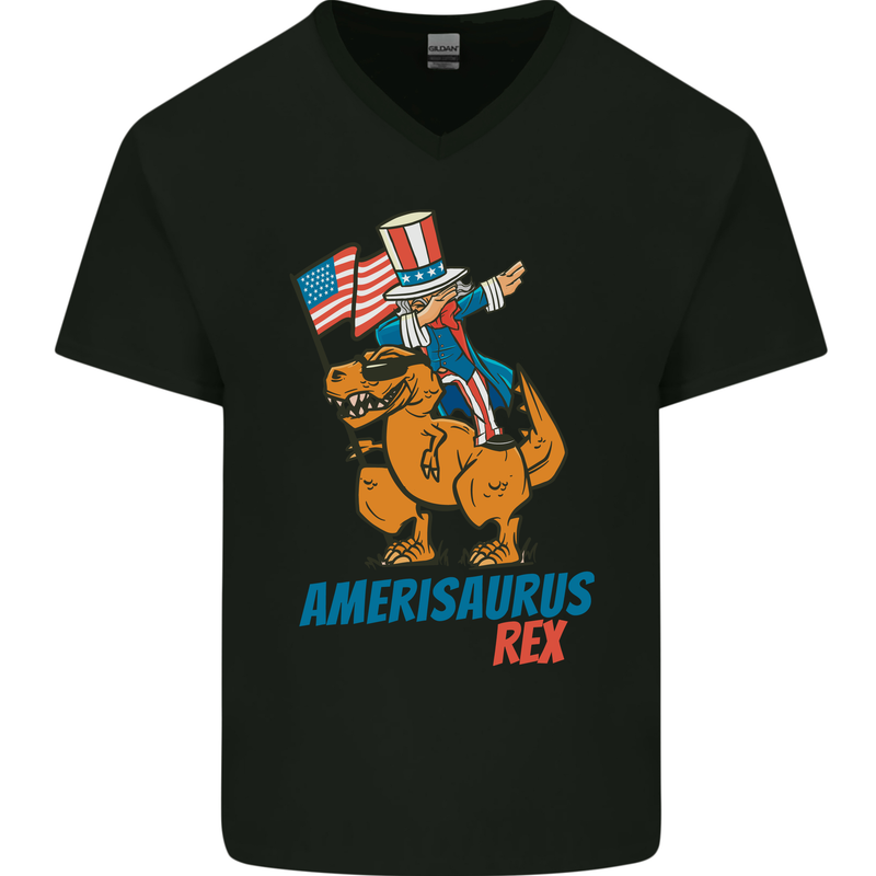 Amerisaurus T-Rex Dabbing Uncle Sam USA Mens V-Neck Cotton T-Shirt Black