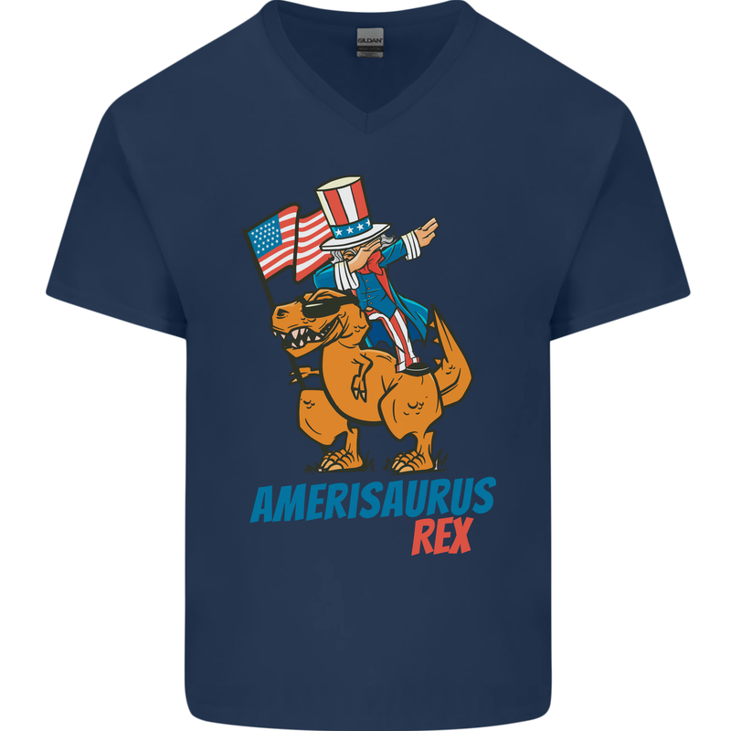 Amerisaurus T-Rex Dabbing Uncle Sam USA Mens V-Neck Cotton T-Shirt Navy Blue